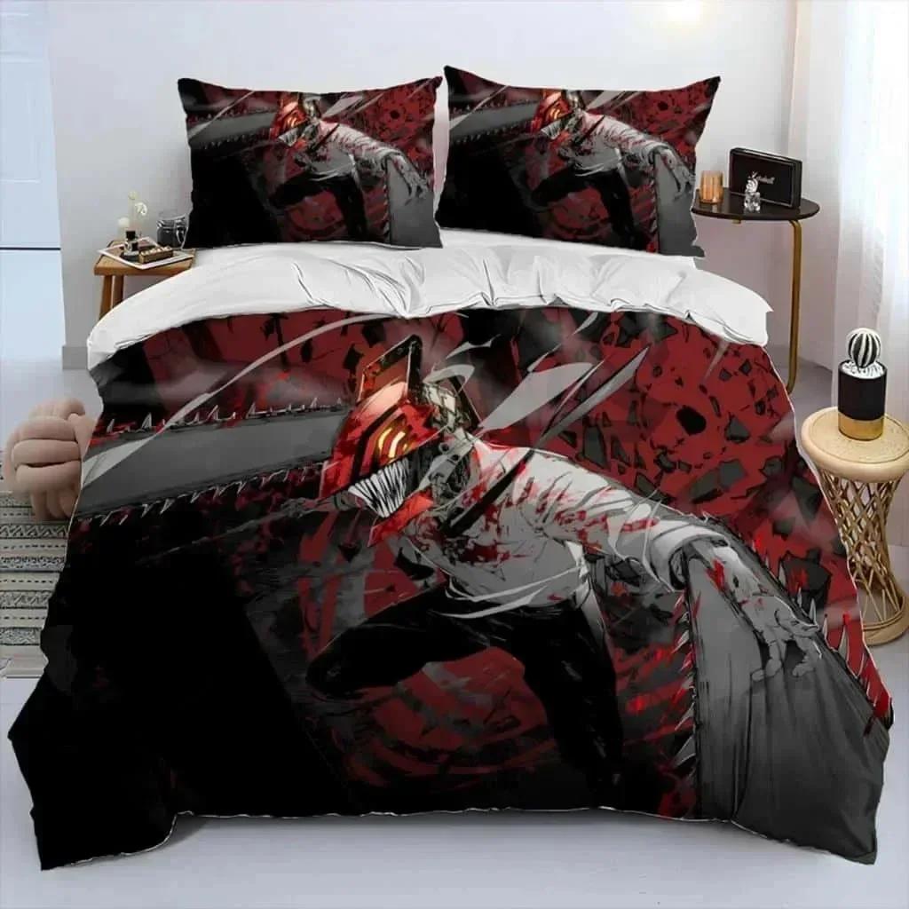 Kettensägenmann Denji Cartoon Bettdecke Bettwäsche-Set, Polyester Bettbezug Kissenbezug, King Queen Size Bettbezug Bettgarnitur