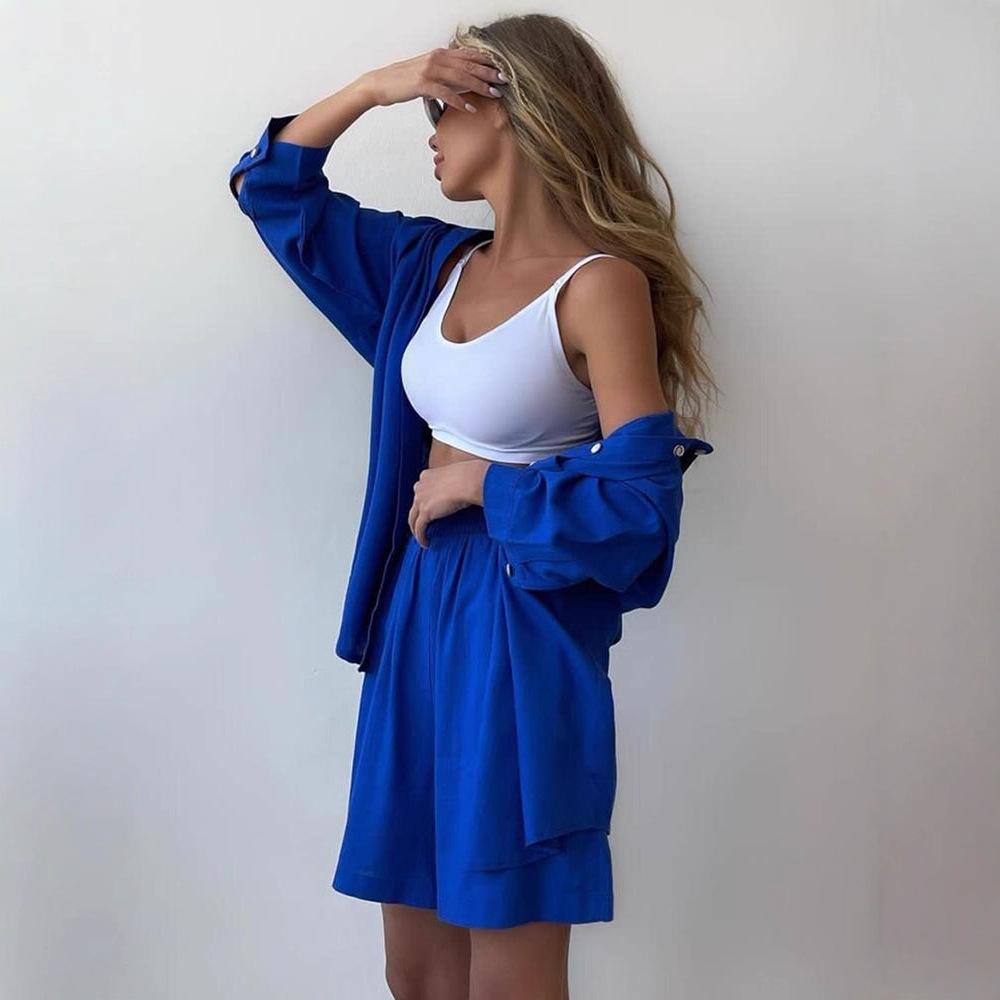 Moda primaverile europea e americana transfrontaliera set di camicia a tinta unita monopetto a maniche lunghe nuova ampia e pantaloncini casual