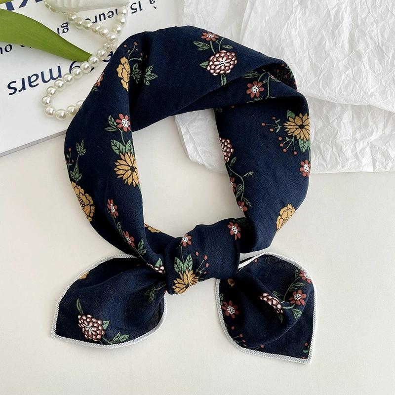 56cm Soft Retro Soft Cotton Square Scarf for Women Neckerchief Cotton Headscarf Floral Printed Small Scarf Hijabs