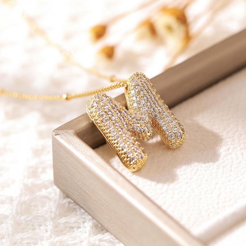 26-Letter Alphabet Pendant Necklace with Copper Clavicle Chain and Micro-Inlaid Zircon