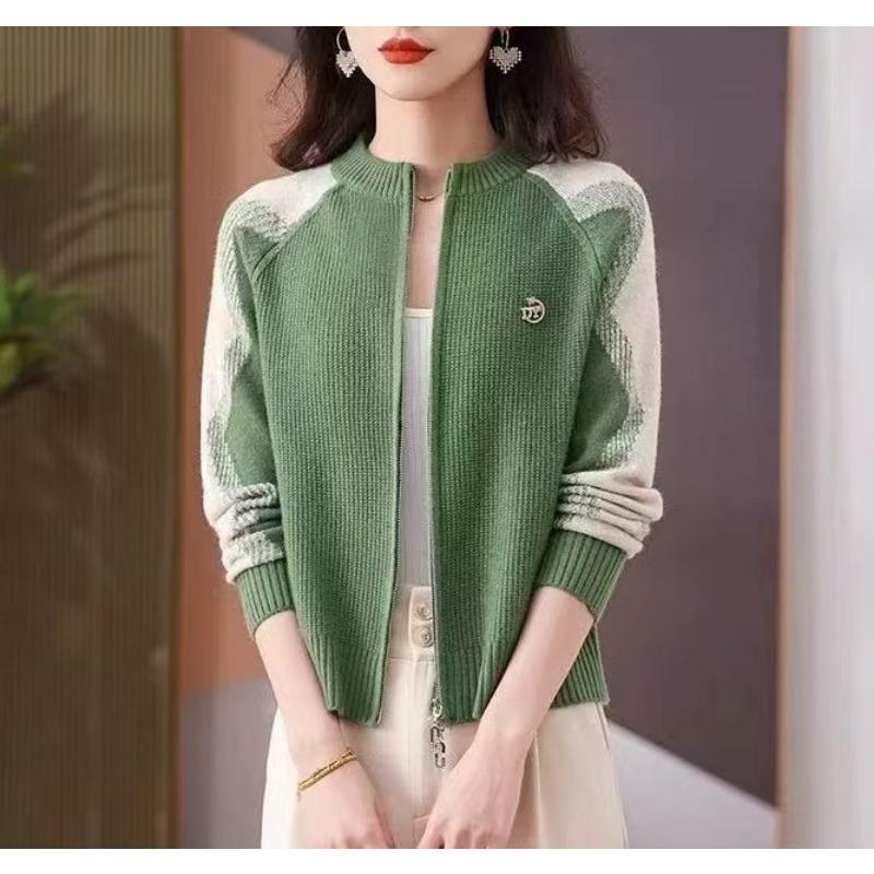 

Spring new new round neck double zipper knitted sweater jacket medium mother knitted cardigan sweater jacket зелёный