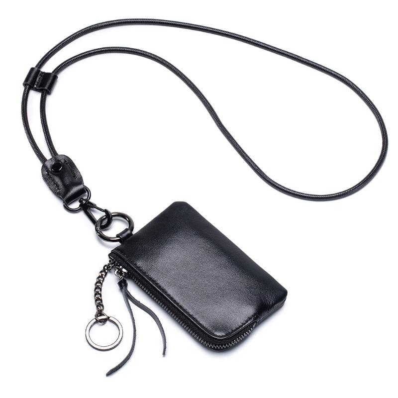 First layer cowhide neck change bag, small storage change card bag with key ring, soft leather mini change bag чёрный