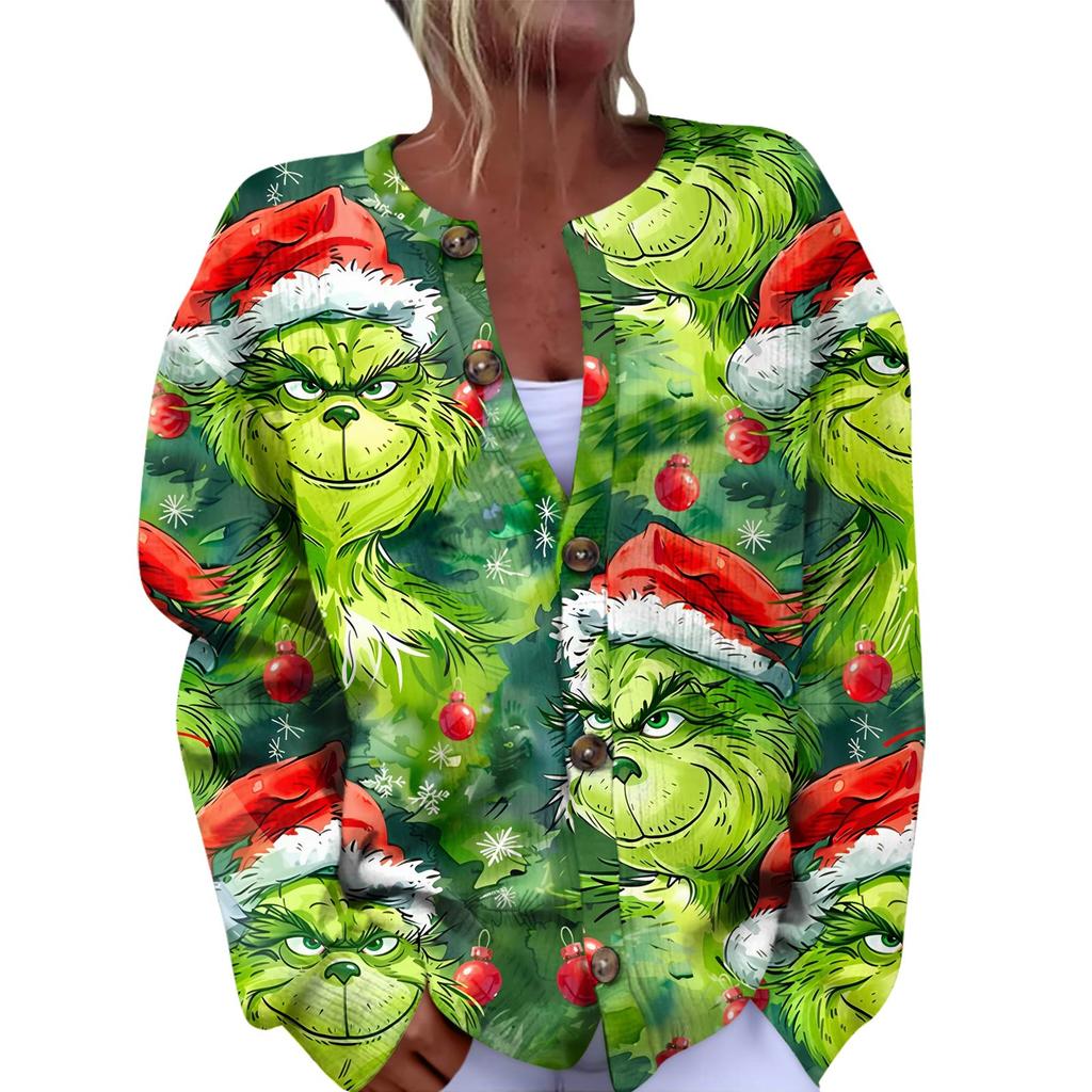 Women's Fashion Christmas Printed Long Sleeve Knitted Cardigan Button Down Jacket