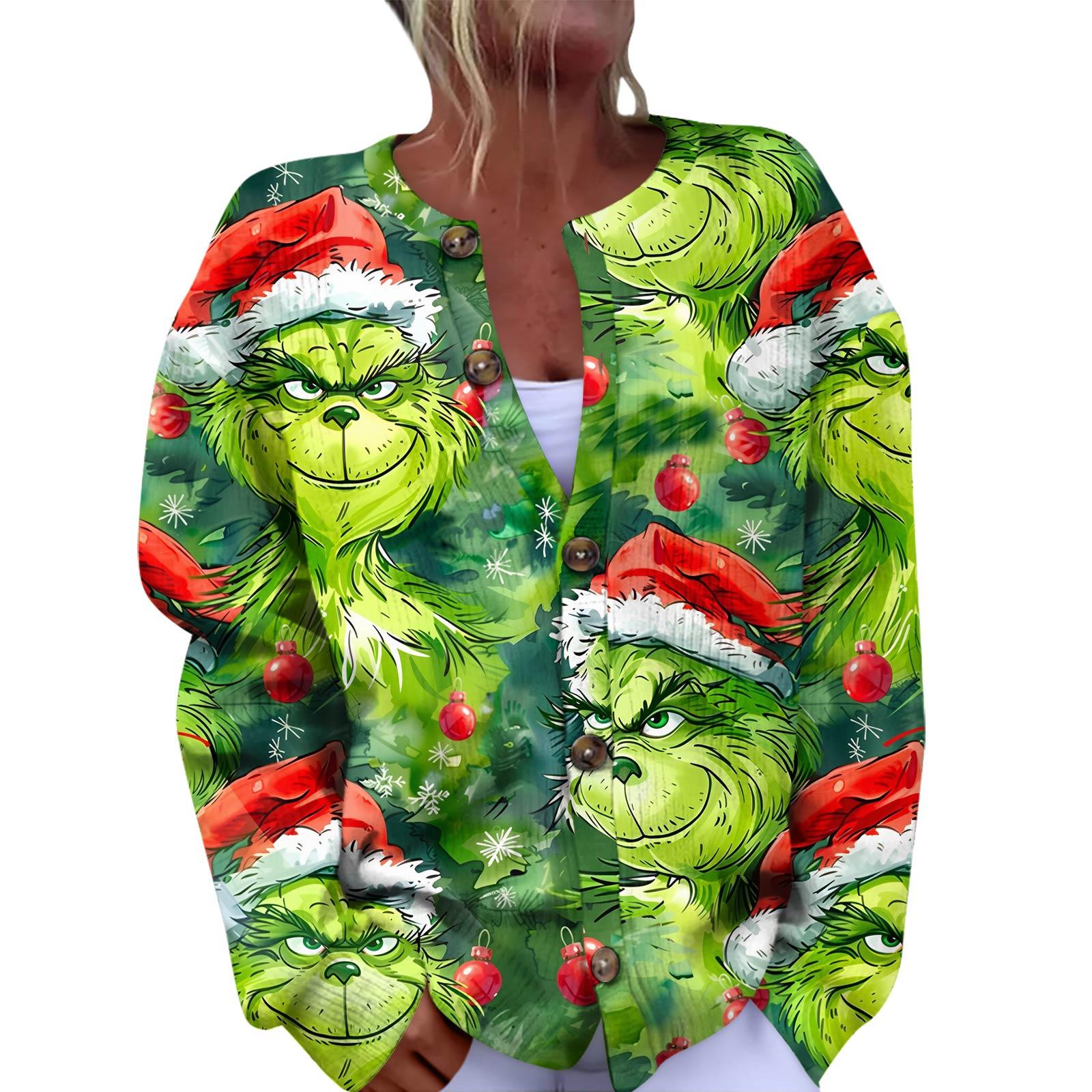 

Женская мода рождественский принт длинный рукав вязаный кардиган пуховик L