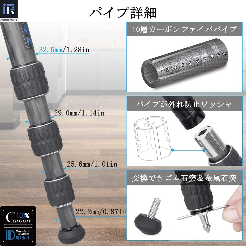 INNOREL Carbon Fiber Camera Tripod with Center 25kg Load Pipe Ideal for Travel and Sports Events Pole, Capacity, 10-170cm Height, 32/28/25/21cm