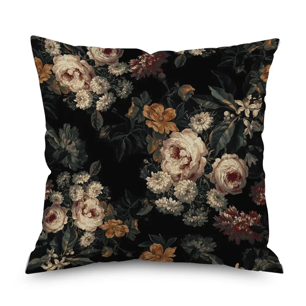 Vintage Floral Leinen Kissenbezug Schwarze Nacht Rose Kissenbezüge Dekorativ Interieur für Heimdeko Kissenhülle für Schlafzimmer 45x45