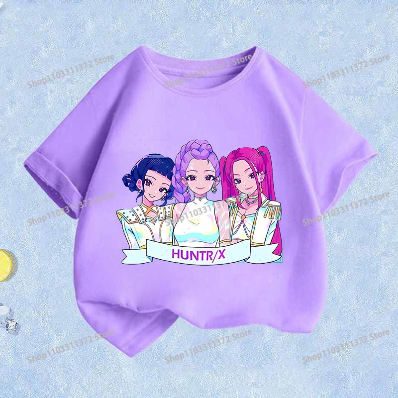 Movie K-Pop Demon Hunters T-shirt Summer Cotton Purple Toddler Short Sleeve Girl Clothes Fashion Cartoon Kids Birthday Tops Gift
