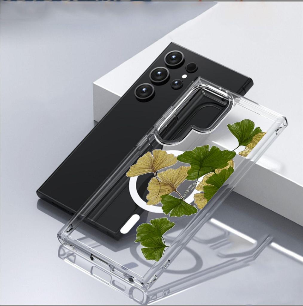 Ginkgo Leaf Magnetic Transparent Case for iPhone 15/16/17 Pro Max - Full Coverage Protective Cover