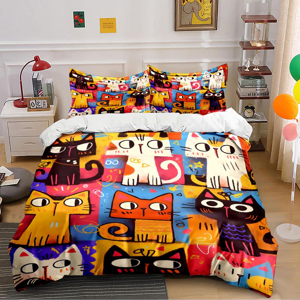 Colorful Cartoon Cat Pattern Bedding Duvet Cover Set (1*Duvet Cover 2*Pillowcases, without duvet insert)