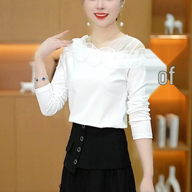 

Elegant French Mesh Splicing Women s Base Layer: Stylish, Flaw-Hiding Slim Fit Top for Spring/Autumn with High-End Feel. 4XL (140-155 jin)