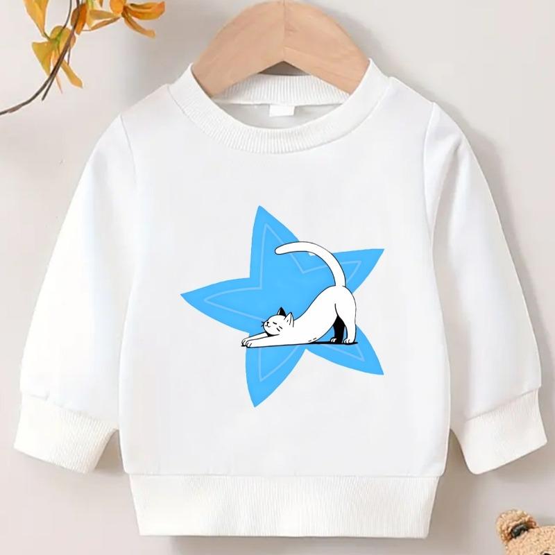 Kids Lightweight Crewneck Pullover Sweatshirt, Cartoon White Kitten Graphic Print