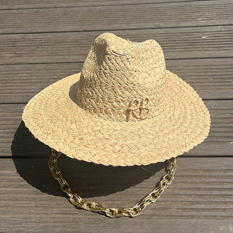 Summer Raffia Straw Hat Designer Customization DIY Beach Hat New English Letter Sun Hat Ladies Jazz Hat Metal Chain Casual Cap