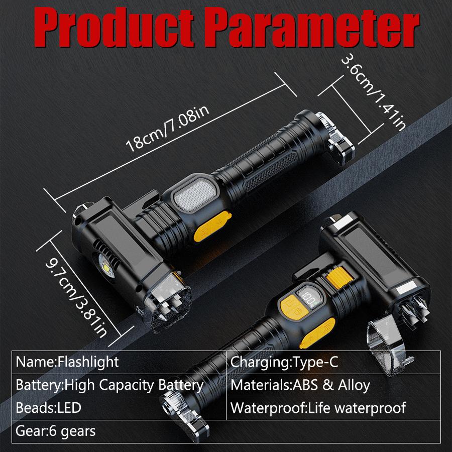 16-in-1 Broken Window LED Flashlight USB Rechargeable Zoom Flashlight Emergency COB Distress Signal Beeping Sound Security Torch