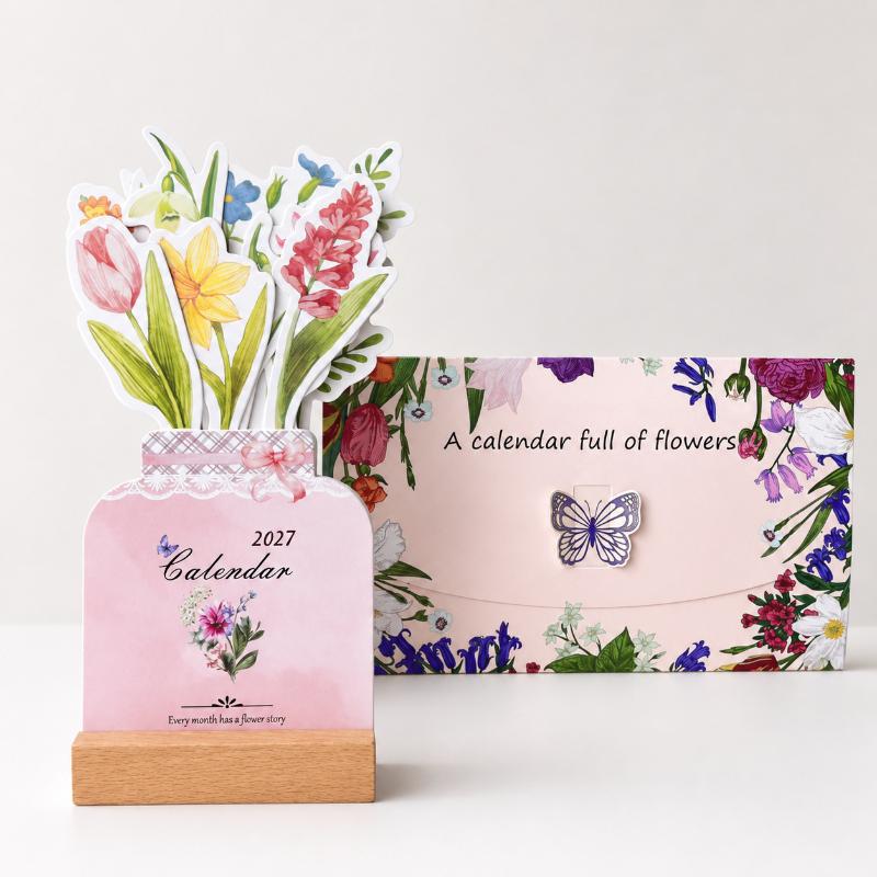 Calendrier de bureau Chat Mignon 2027 Base en Bois 12 Cartes Artistiques Peintes Planificateur Quotidien Mensuel Décoration Pour Bureau Maison École
