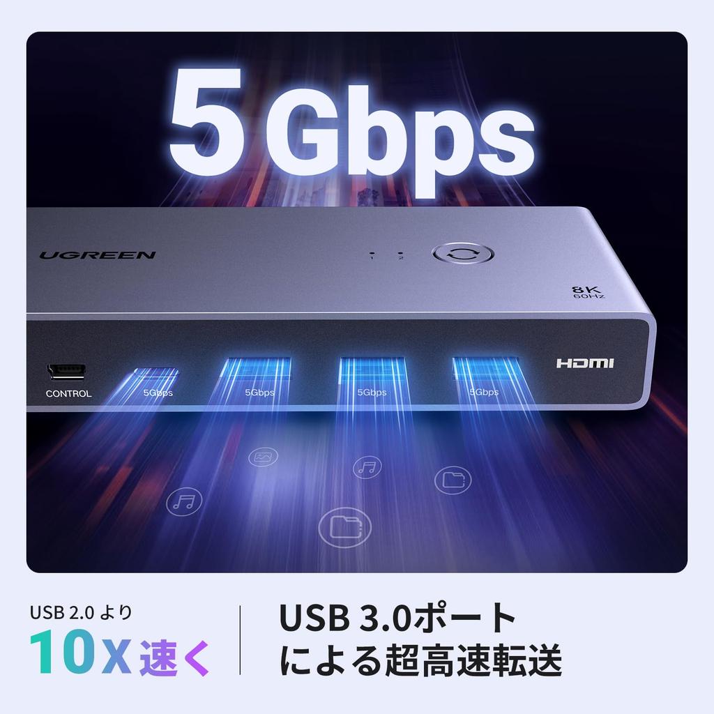 UGREEN 8K@60Hz HDMI KVM Switch, 2 Inputs, 1 Output, Shares 2 PCs and 1 Monitor with 3x USB 3.0 Ports & 1x USB-C Port, 3D/CEC/HDR Support, Includes Rem