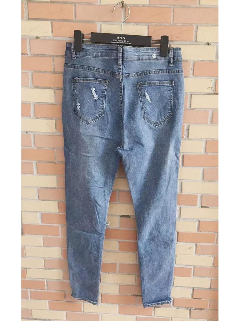 2024 Early Spring European & American Internet Celebrity Casual Ripped Denim Pants with Fishnet Stockings for Women.