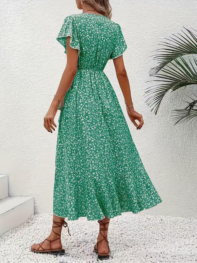 Bohemian Floral V-Neck Short Sleeve Wrap Dress with Belt