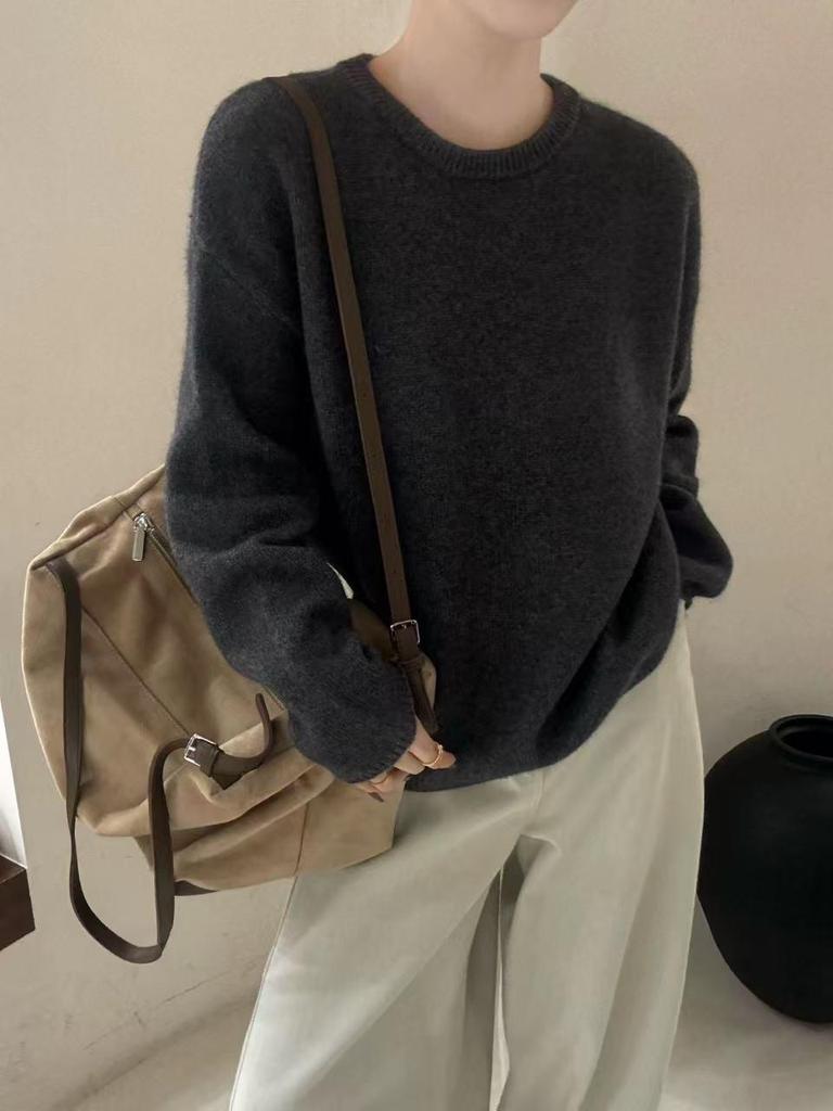 Women's Trendy 100% Pure Wool Loose Knit Sweater - Round Neck, Casual Base Layer