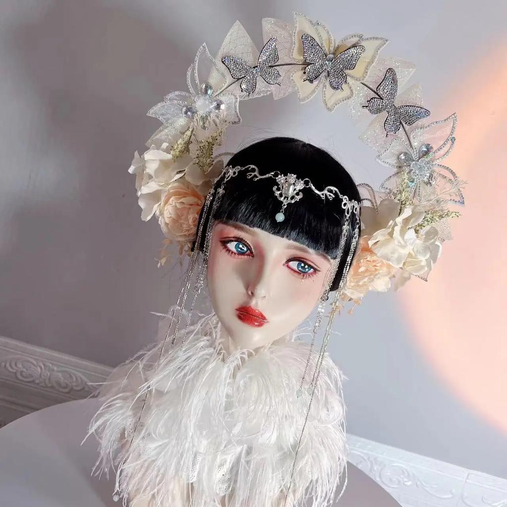 Lolita Fairy Butterfly Halo Crown Headpiece Bridal Wreaths Flowers Headband Women Girl Mermaid Princess Elf Cosplay Headdress