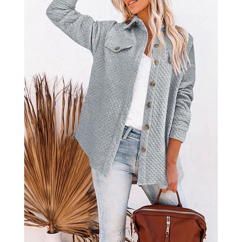 Womens Solid Color Diamond Pocket Casual Buttoned Collared Jacket