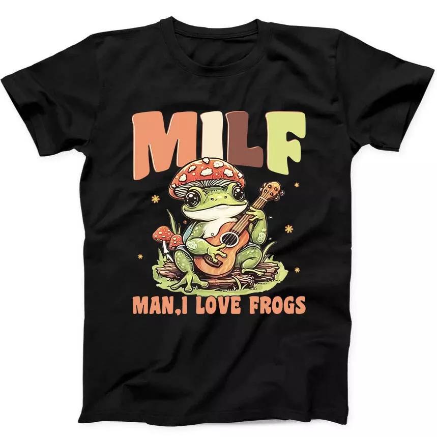 Milf Man I Love Frogs Guitar Mushrooms Joke Funny Gift Tee Black T Shirt 271
