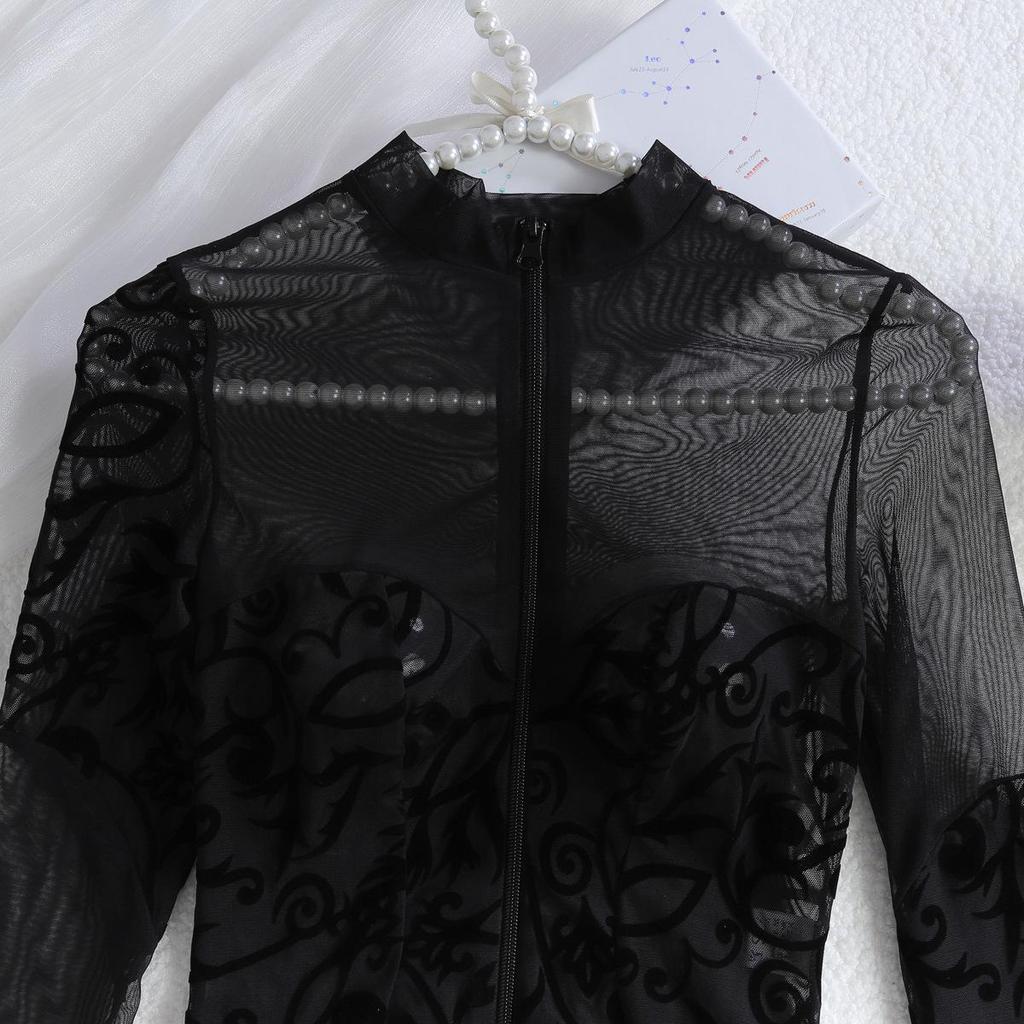 Sexy Damen-Body mit Spitzenstickerei, Rundhalsausschnitt, transparent, lange Ärmel, modisches, leichtes und atmungsaktives Dessous-Top zum Drunterziehen
