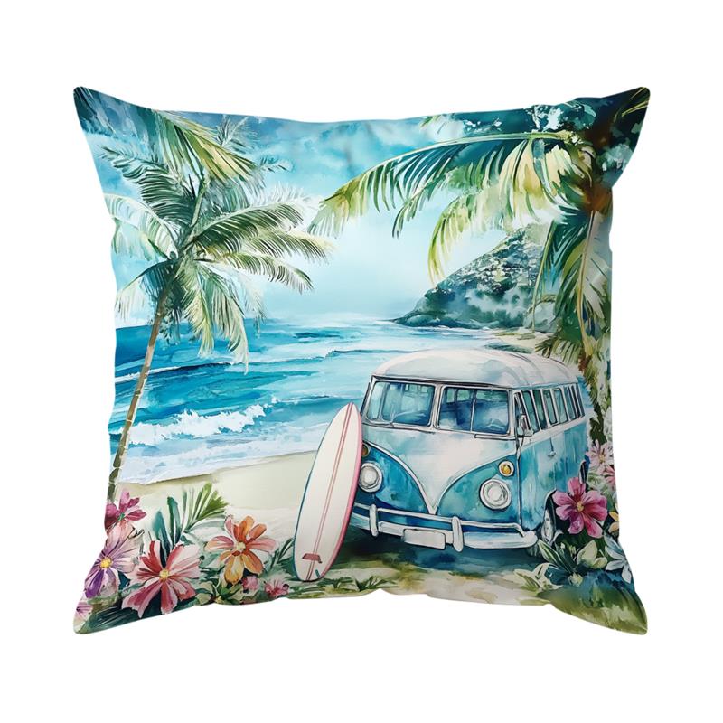Pillowcase Summer Beach Vacation Watercolor Painting Throw Pillow Covers 45X45Cm For Sofa, Bed, Car, Living Room Home Decor