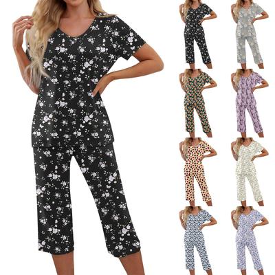 2 Piece Sets For Women Short Sleeve Top And Pants With Pockets Workout Soft Floral Print Sets