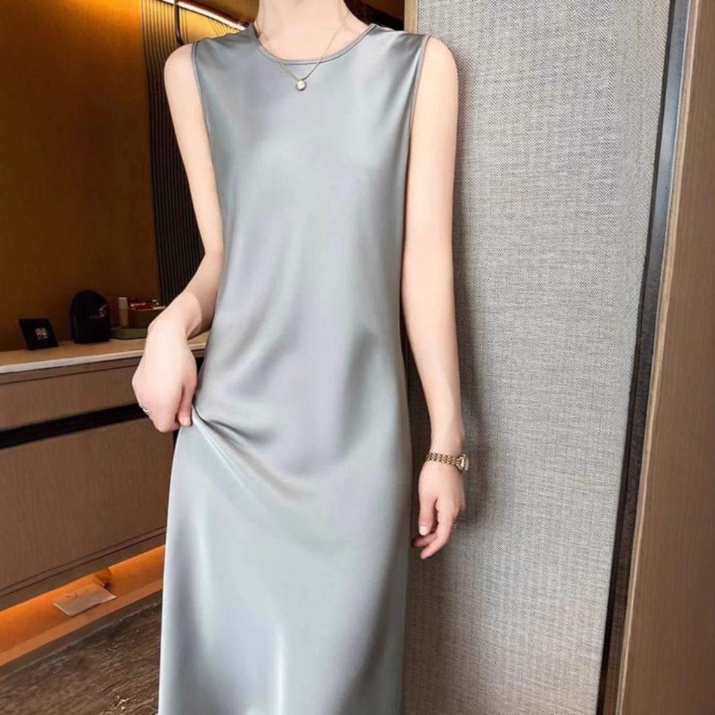 High-end Round Neck Silk Suspender Dress Women's Spring and Summer Acetic Acid Satin Medium and Long Dress with Silk Sleeveless Temperament