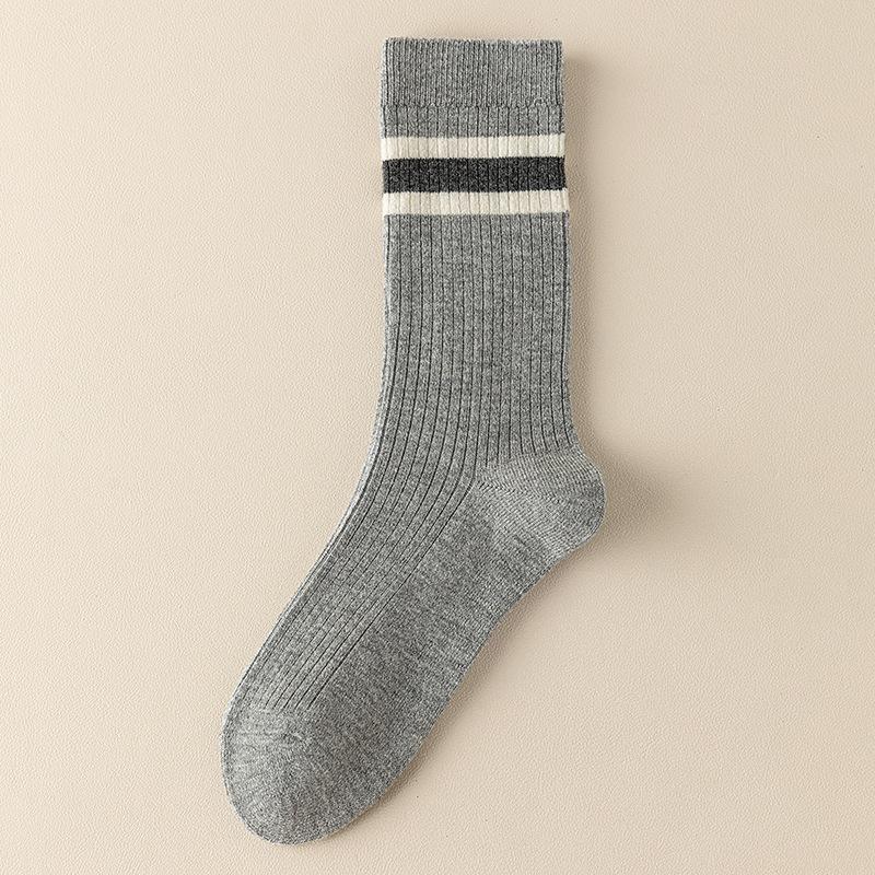 Socks Double Needle Boneless Medium Tube Socks Season Warm Wool Socks Retro Striped Versatile Pile Socks Women'S