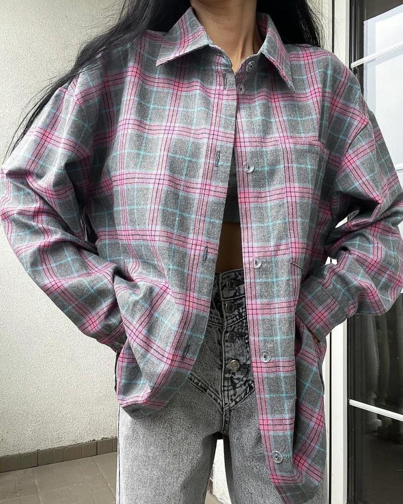 2024 Retro Plaid Lapel Loose Long-Sleeve Women's Shirt