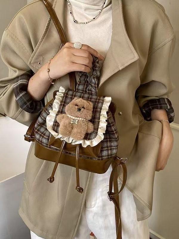 Korean Flannel Pattern Bear Backpack For Casual Daily Use
