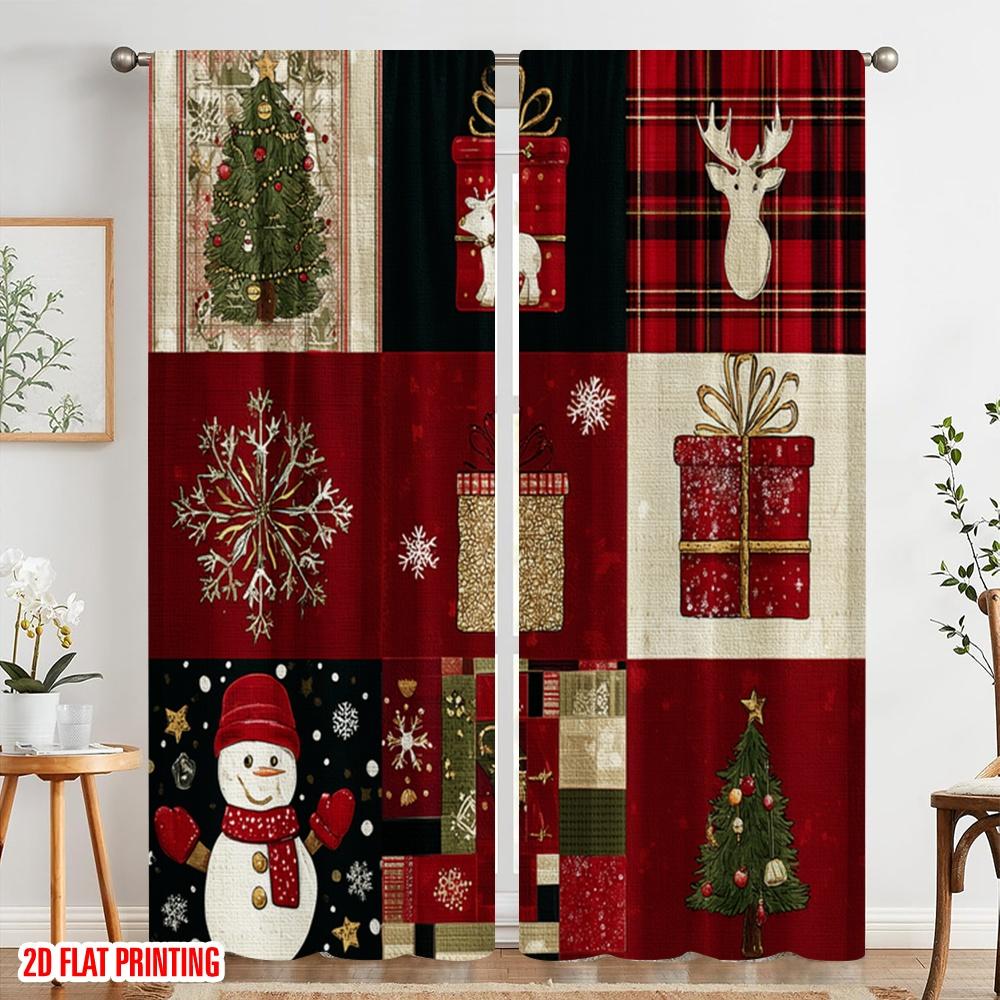 2pcs,2D Plane Printing Curtain Popular Christmas Patchwork Durable Polyester (without Rod) Gifts for Bedroom, Kitchen, Office &