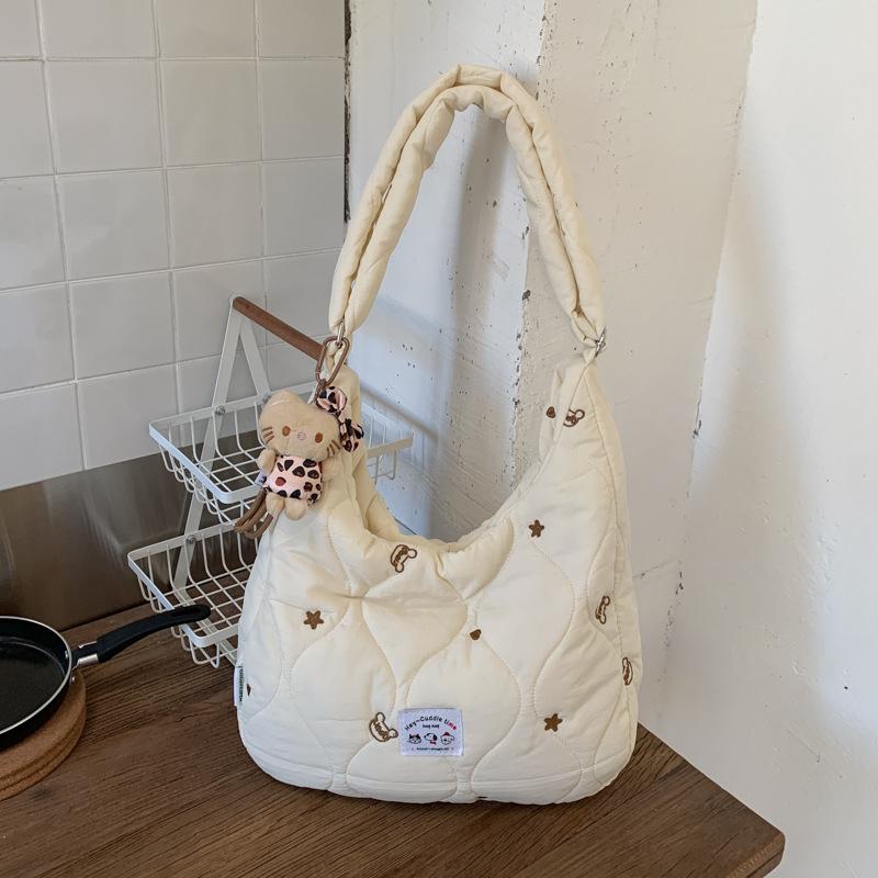 Quilted Embroidered Padded Bag for Women, Simple and Versatile Crossbody Bag, Elegant Down-filled Soft Shoulder Bag, Cute Embroi