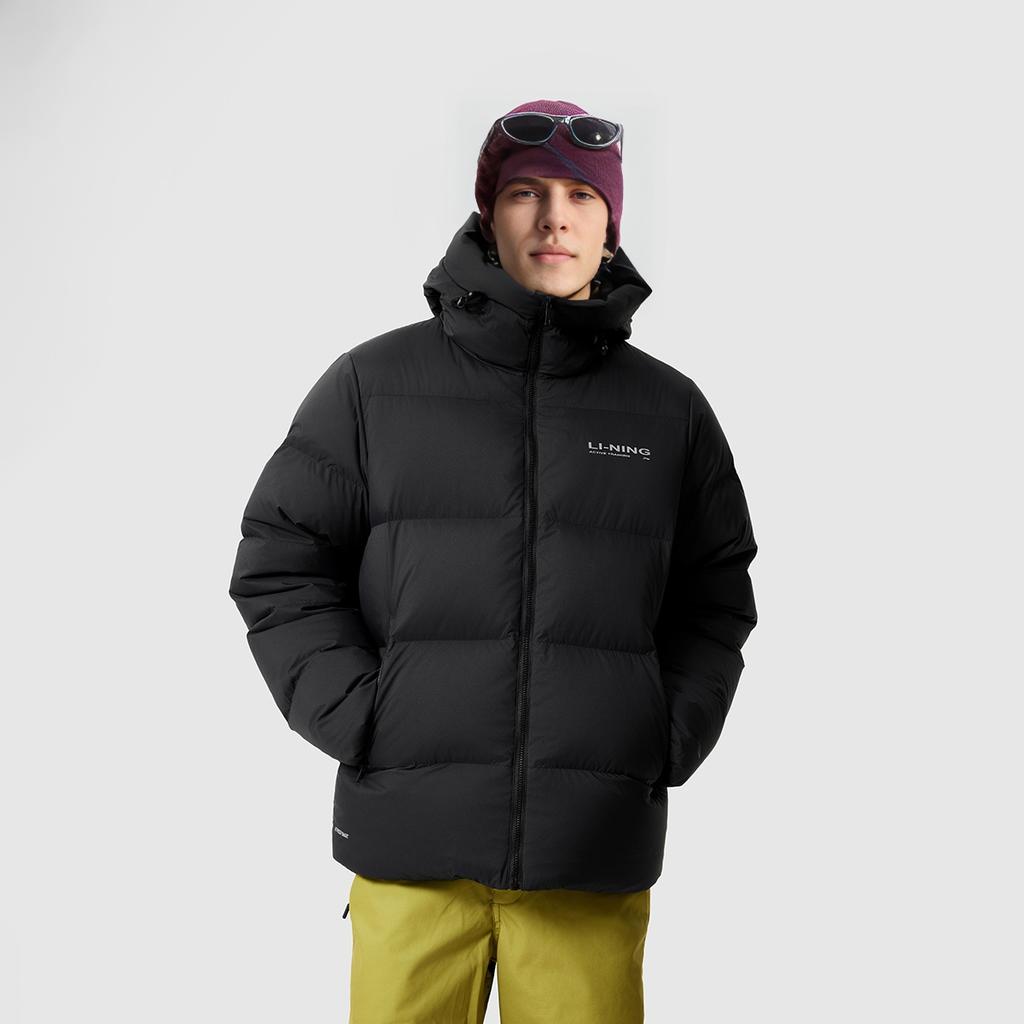 Li Ning Solid Color Short Hooded Zipper Long Sleeve Down Jacket Men Outerwear Black AYMU701-1