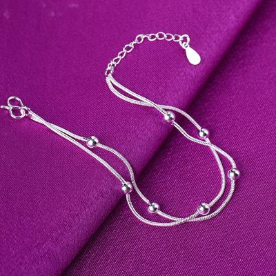Double Layer 925 Sterling Silver Link Chain Round Bead Charm Bracelets & Bangles Anklet For Women Wedding Party Jewelry A178