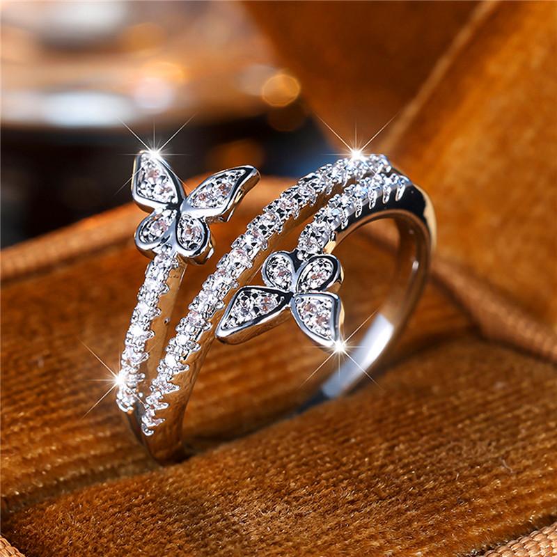 Luxury Female Small White Zircon Stone Butterfly Engagement Ring Trendy Silver Color Bride Wedding  Gift For Women