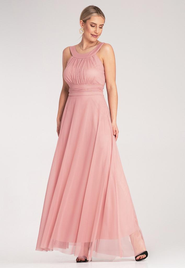 Elegancka Sukienka Wieczorowa - Sukienka Z Wiązaniem Z Tyłu - Różowa Sukienka Maxi M1171 R. S/M
