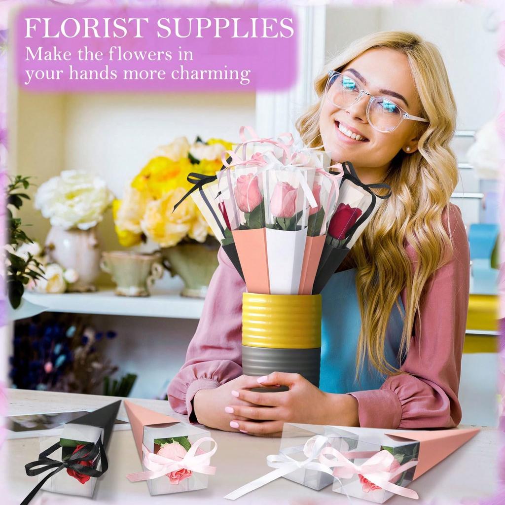 24 Pcs Flower Bags Single Rose Sleeves Flower Bouquet Single Rose Bag Floral Wrapping Paper Floral Gifts for Wedding Birthday