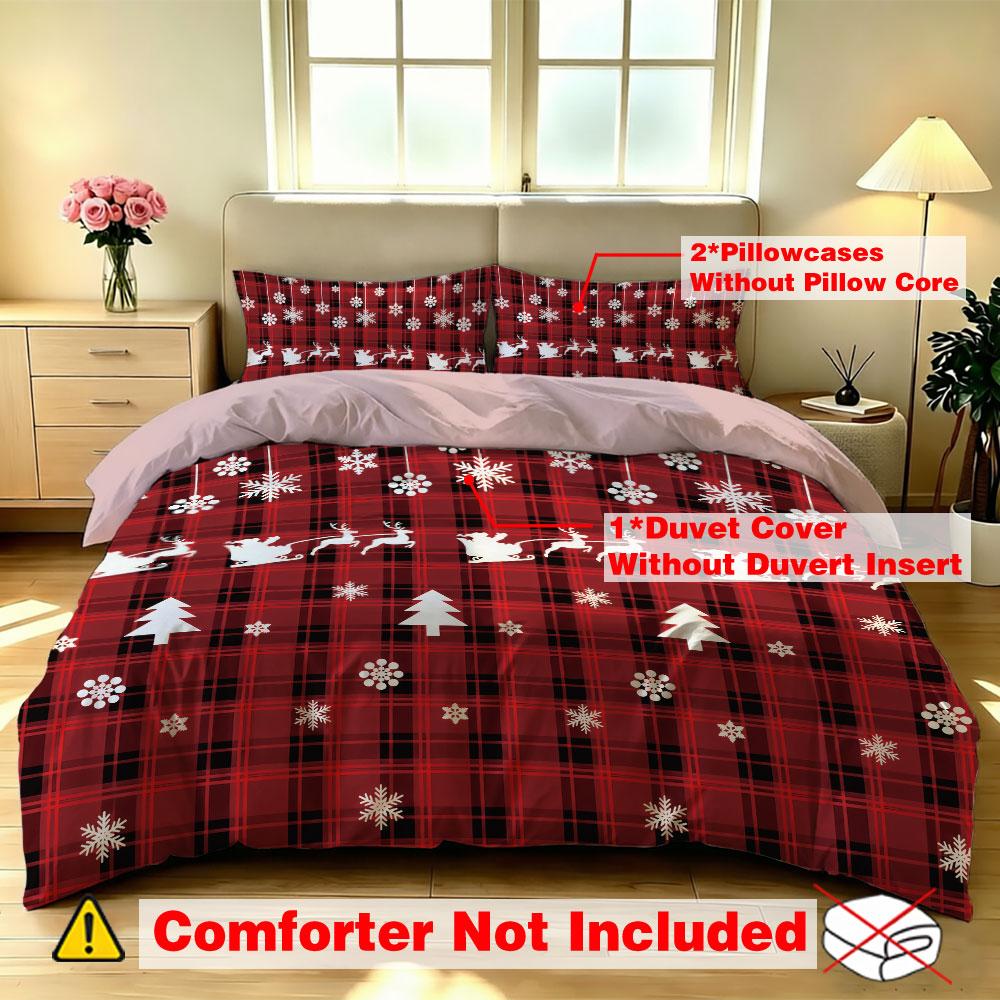 A three-piece red plaid Christmas-themed bedding set featuring decorative patterns. Machine-washable and super soft