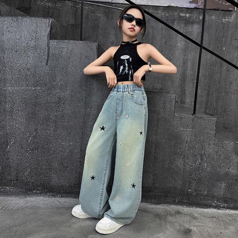 Spring Autumn Girls Jeans Embroidery Five-pointed Star Loose Pants For 3-12 Years Teen Girls Stylish Denim Wide Leg Pants