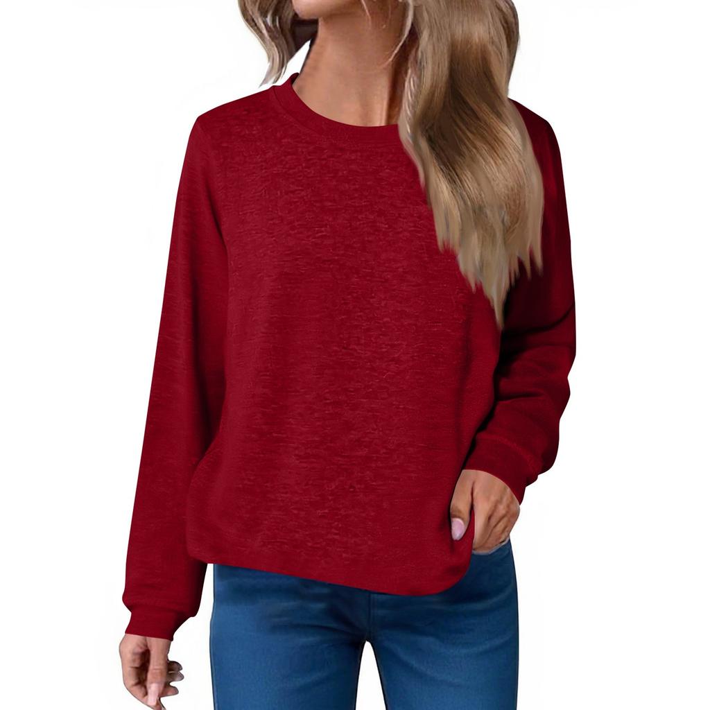 Women's Fashion Loose Round Neck T-Shirt Solid Color Casual Long Sleeve Top
