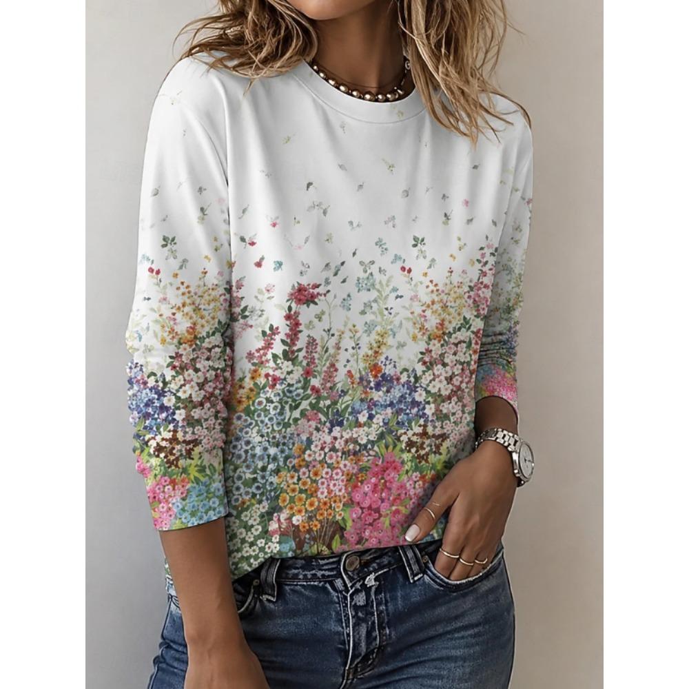 Top da Donna Stampa Floreale Girocollo Manica Lunga T-shirt Autunno Casual Slim Pullover Top a Manica Lunga da Donna