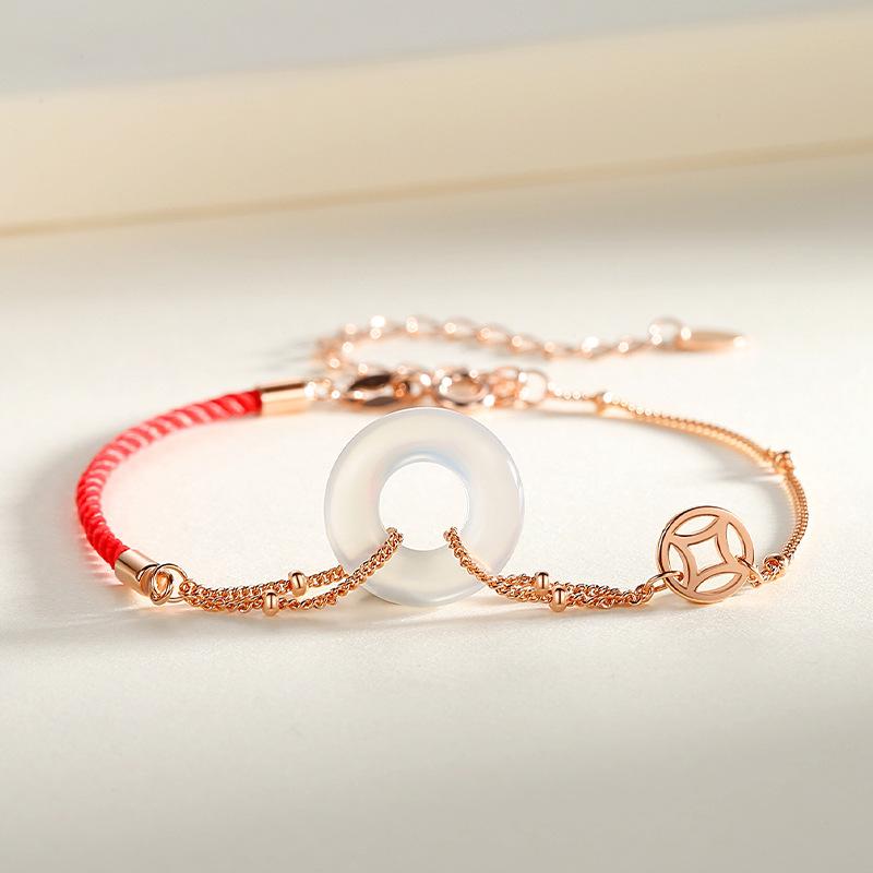 

Браслет с защитной застежкой из стерлингового серебра 925 пробы, женский ретро-китайский шикарный кулон из халцедона, год жизни, красная веревка, ручная веревка, геометрические ручные украшения Adjustable size