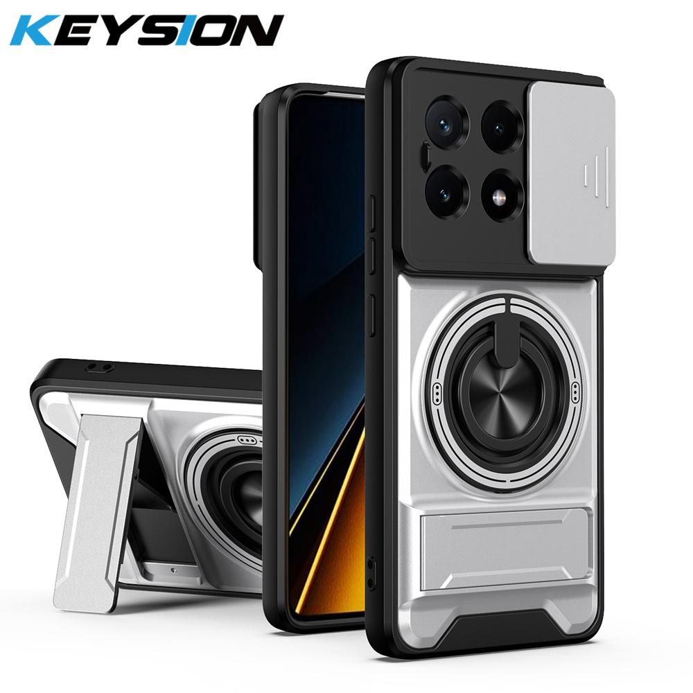 KEYSION Magnetic Phone Case for Xiaomi POCO X6 Pro 5G Slide Camera Lens Protection Upright Kickstand Ring Shockproof Back Cover