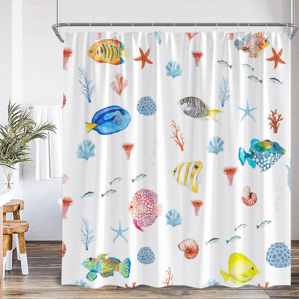 Nautical Cartoon Shower Curtain Tropical Fish Starfish Shell Seaweed Coral Underwater Bathroom Decoration Polyester Bath Curtain