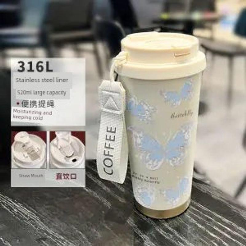 Butterfly Coffee Cup with Large Capacity, Insulated Cup with Straw, Portable Car Water Cup for Female Students, 316 Water Cup