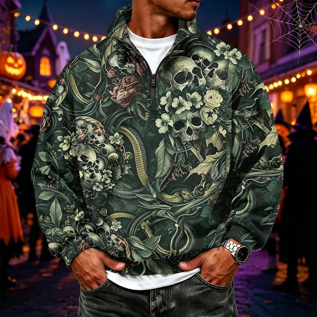 Men's Flannel Long Sleeve Sweatshirt with Halloween Print