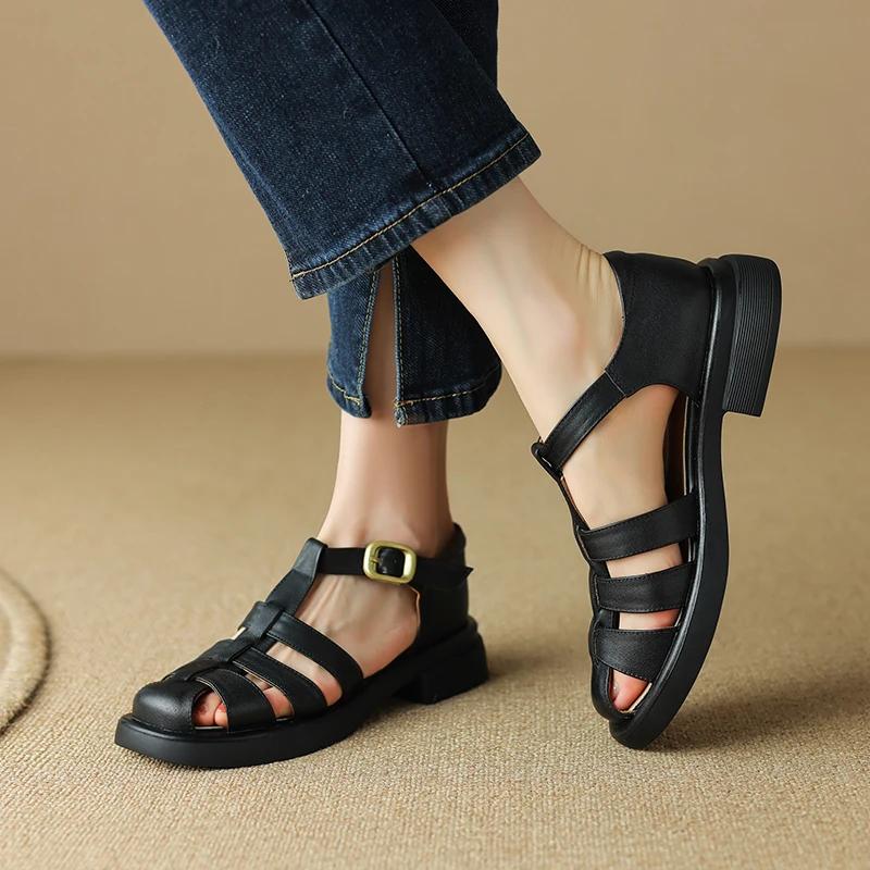 Fashion New Summer Sandals Genuine Leather Luxury Roman Sandals Casual Buckle Strap Summer Shoes GLADIATOR Thick Heel Women Shoes