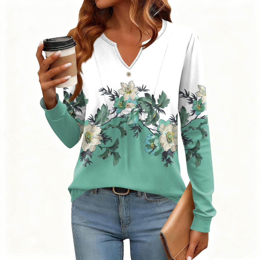 Women's Relaxed,Fit V,Neck Vintage Color,Blocked Floral Print Long,Sleeve Pullover Tee